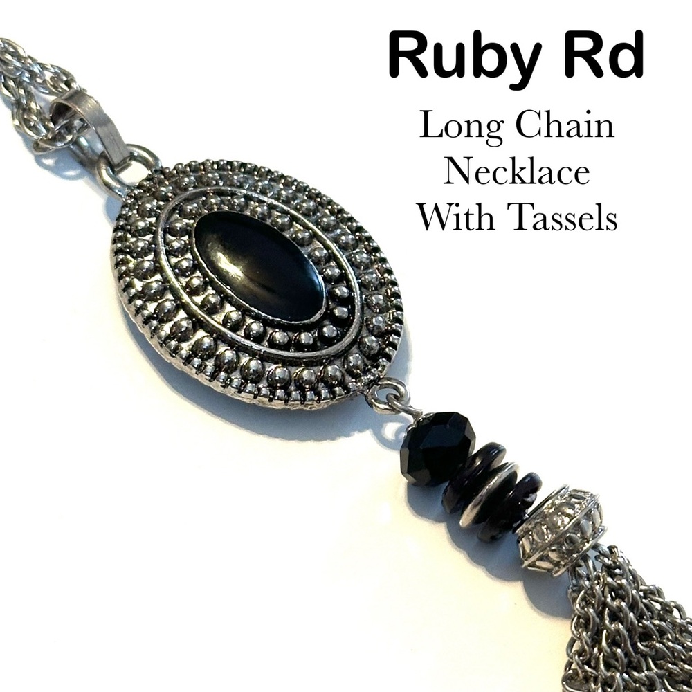 Silver-Tone Long Chain Necklace Black Rhinestones Tassels Statement Jewelry